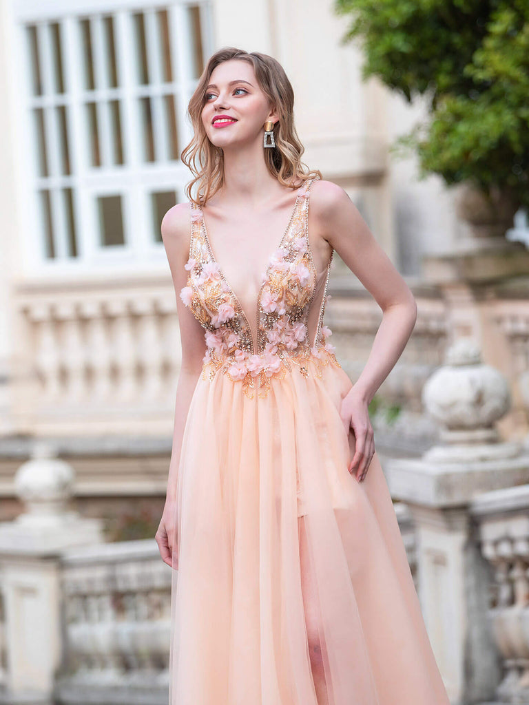 A-line Luxurious Fashion Sexy V-neck Formal Evening Dresses Sleeveless Floor Length Prom Dresses