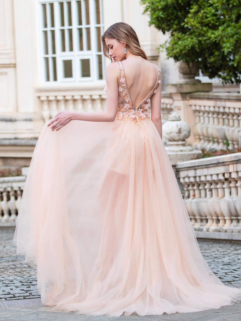 A-line Luxurious Fashion V-neck Formal Evening Dresses Long Sleeve Floor  Length Prom Dresses