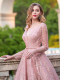 A-line Luxurious Fashion V-neck Formal Evening Dresses Long Sleeve Floor Length Prom Dresses