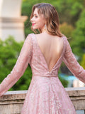 A-line Luxurious Fashion V-neck Formal Evening Dresses Long Sleeve Floor Length Prom Dresses