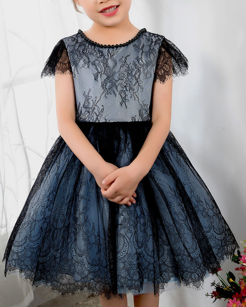 Dark Navy Lace Girls Princess Cute Dresses Birthday Dress Party Dresses Kids Dresses Boutique - dressblee