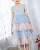 Light Blue Sleeveless Beaded Girls Princess Dresses Birthday Dress Party Dresses Kids Fashion Dresses - dressblee