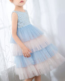 Light Blue Sleeveless Beaded Girls Princess Dresses Birthday Dress Party Dresses Kids Fashion Dresses - dressblee