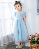 Light Blue Short Sleeves Beaded Girls Princess Dresses Birthday Dress Party Dresses Kids Fashion Dresses - dressblee