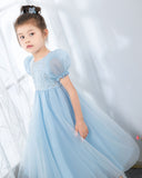 Light Blue Short Sleeves Beaded Girls Princess Dresses Birthday Dress Party Dresses Kids Fashion Dresses - dressblee