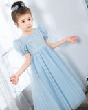 Light Blue Short Sleeves Beaded Girls Princess Dresses Birthday Dress Party Dresses Kids Fashion Dresses - dressblee