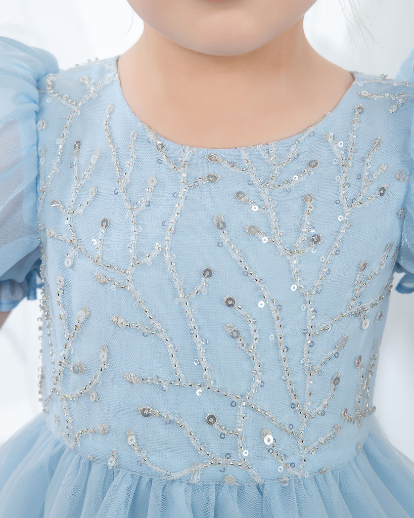 Light Blue Short Sleeves Beaded Girls Princess Dresses Birthday Dress Party Dresses Kids Fashion Dresses - dressblee