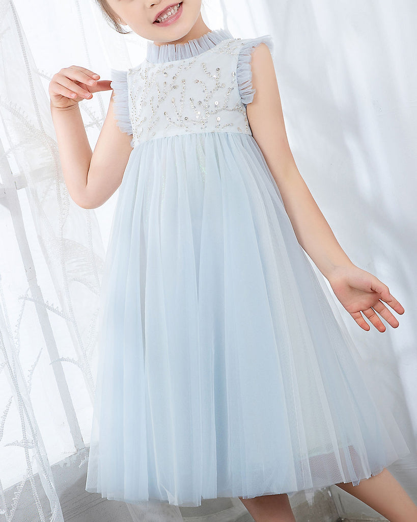 Light Blue Sleeveless Beaded Girls Princess Dresses Birthday Dress Party Dresses  Children's Occasion Wear - dressblee