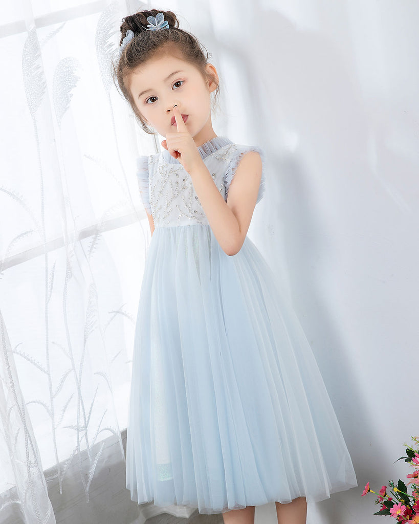 Light Blue Sleeveless Beaded Girls Princess Dresses Birthday Dress Party Dresses  Children's Occasion Wear - dressblee