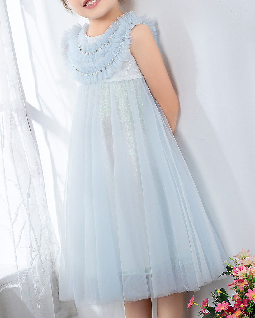 Light Blue Sleeveless Girls Princess Dresses Birthday Dress Party Dresses Children's Occasion Wear - dressblee