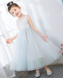 Light Blue Sleeveless Beaded Girls Princess Dresses Birthday Dress Party Dress Children's Occasion Wear - dressblee
