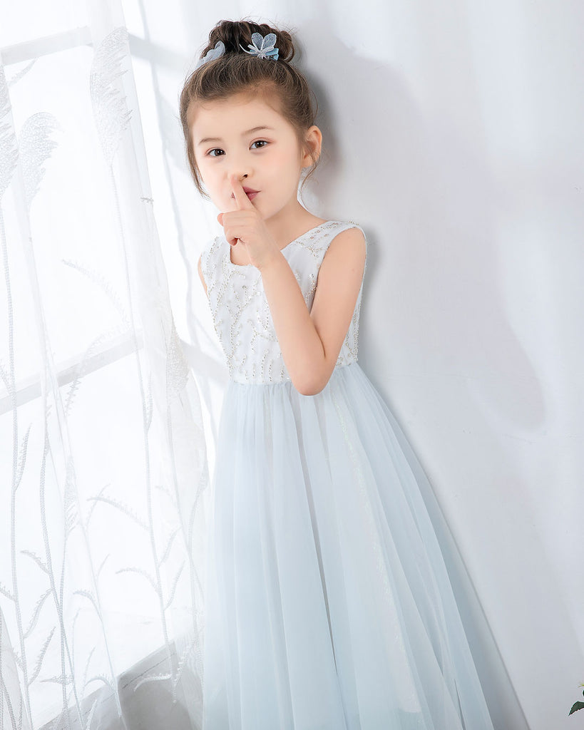 Light Blue Sleeveless Beaded Girls Princess Dresses Birthday Dress Party Dress Children's Occasion Wear - dressblee