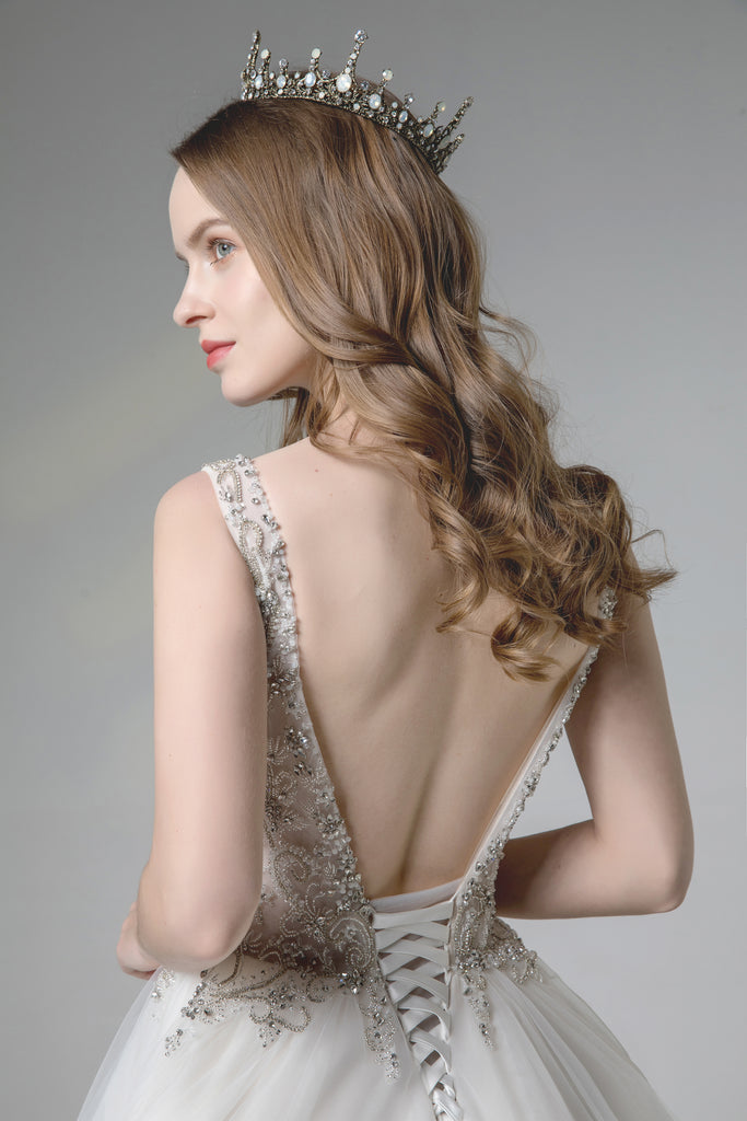 V-Neck A-line Gown with Beads Bodice, Sexy Open Back ,Dramatically Stunning Tiered Tulle Skirt - dressblee