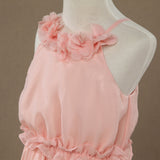 A-Line Long Chiffon Flower Girl Dress Jewel Flower Neck Spaghetti straps with Tiers - dressblee