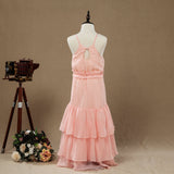A-Line Long Chiffon Flower Girl Dress Jewel Flower Neck Spaghetti straps with Tiers - dressblee