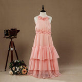 A-Line Long Chiffon Flower Girl Dress Jewel Flower Neck Spaghetti straps with Tiers - dressblee
