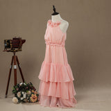 A-Line Long Chiffon Flower Girl Dress Jewel Flower Neck Spaghetti straps with Tiers - dressblee