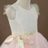 A-line Knee-length Flower Girl Dress Lace match Tulle Sleeveless Jewel Neck with Belt - dressblee