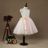 A-line Knee-length Flower Girl Dress Lace match Tulle Sleeveless Jewel Neck with Belt - dressblee