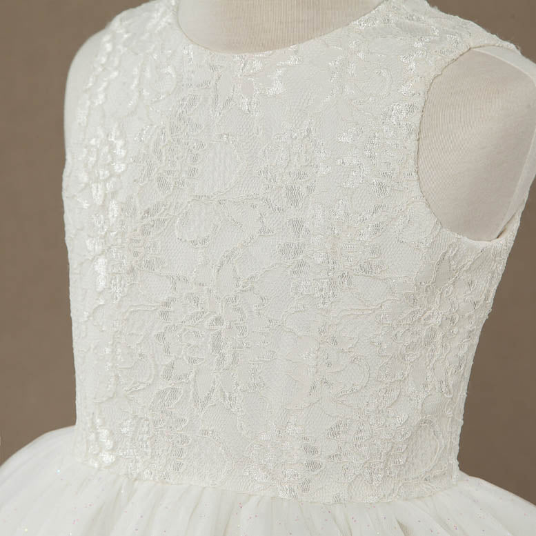 A-line Tea-length Lace match Tulle Flower Girl Dress Jewel Neck Sleeveless with Tiers - dressblee