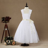 A-line Taffeta match Tulle Tea-length Flower Girl Dress Square Neck Straps Sleeveless - dressblee