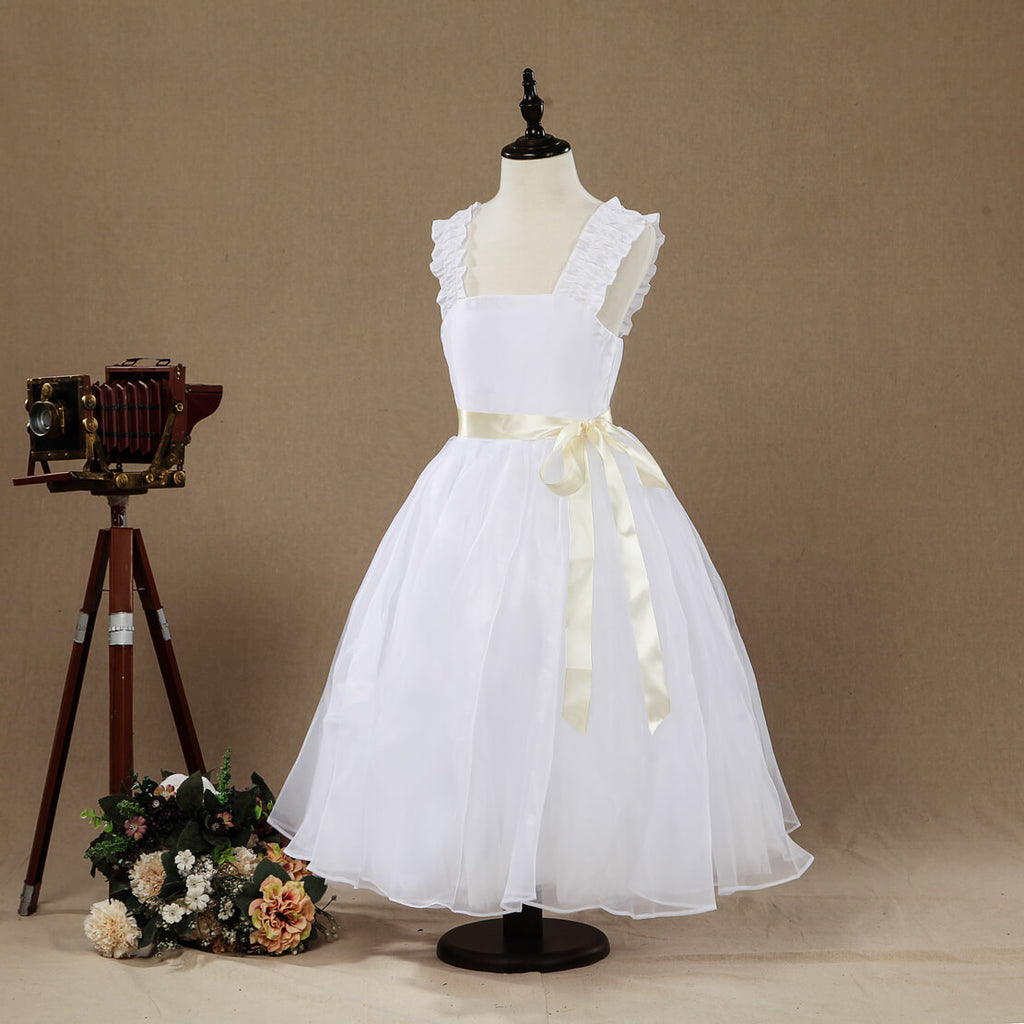 A-line Taffeta match Tulle Tea-length Flower Girl Dress Square Neck Straps Sleeveless - dressblee