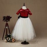 A-line Tea-length Flower Girl Dress Tulle match Sequins Short sleeves Jewel Neck with Belt - dressblee