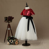 A-line Tea-length Flower Girl Dress Tulle match Sequins Short sleeves Jewel Neck with Belt - dressblee