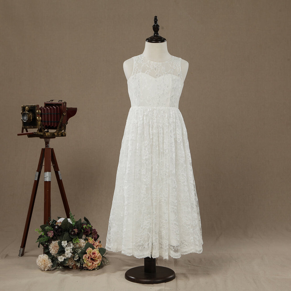 A-line Tea-length Lace Flower Girl Dress Jewel Neck Sleeveless - dressblee