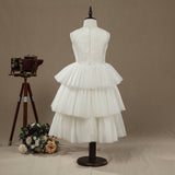 A-line Tea-length Lace match Tulle Flower Girl Dress Jewel Neck Sleeveless with Tiers - dressblee