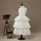 A-line Tea-length Lace match Tulle Flower Girl Dress Jewel Neck Sleeveless with Tiers - dressblee