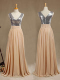 Chiffon Mix Sequin Bridesmaid Dress V-neck A-line Sleeveless
