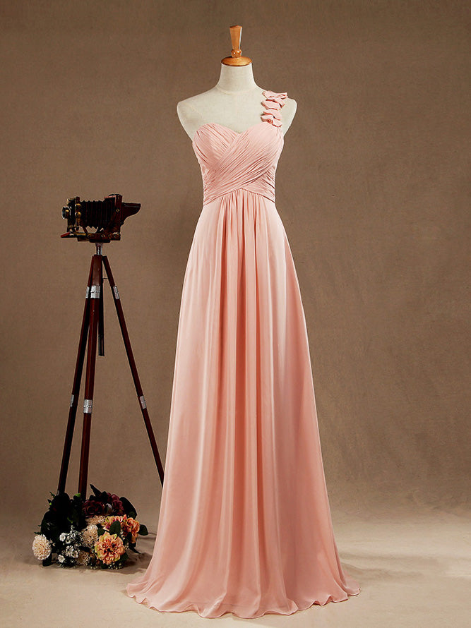 One Shoulder A-Line Floor Length Chiffon Bridesmaid Dress with Criss Cross Ruching Pleats