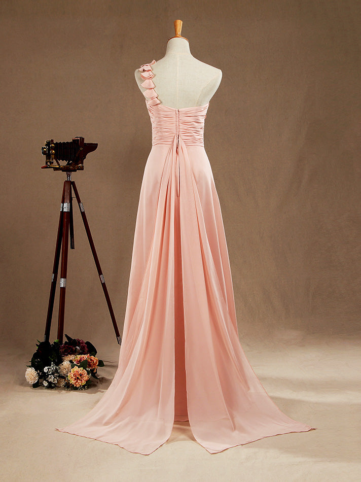 One Shoulder A-Line Floor Length Chiffon Bridesmaid Dress with Criss Cross Ruching Pleats