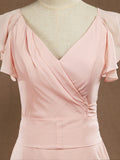 Sheath / Column V-neck Floor Length Chiffon Bridesmaid Dress Sleeves with Cascading Ruffles