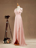 Sheath / Column V-neck Floor Length Chiffon Bridesmaid Dress Sleeves with Cascading Ruffles