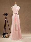 Sheath / Column V-neck Floor Length Chiffon Bridesmaid Dress Sleeves with Cascading Ruffles