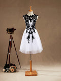 Knee Length A-Line Tulle Jewel Neck Prom Part Dress with Appliques
