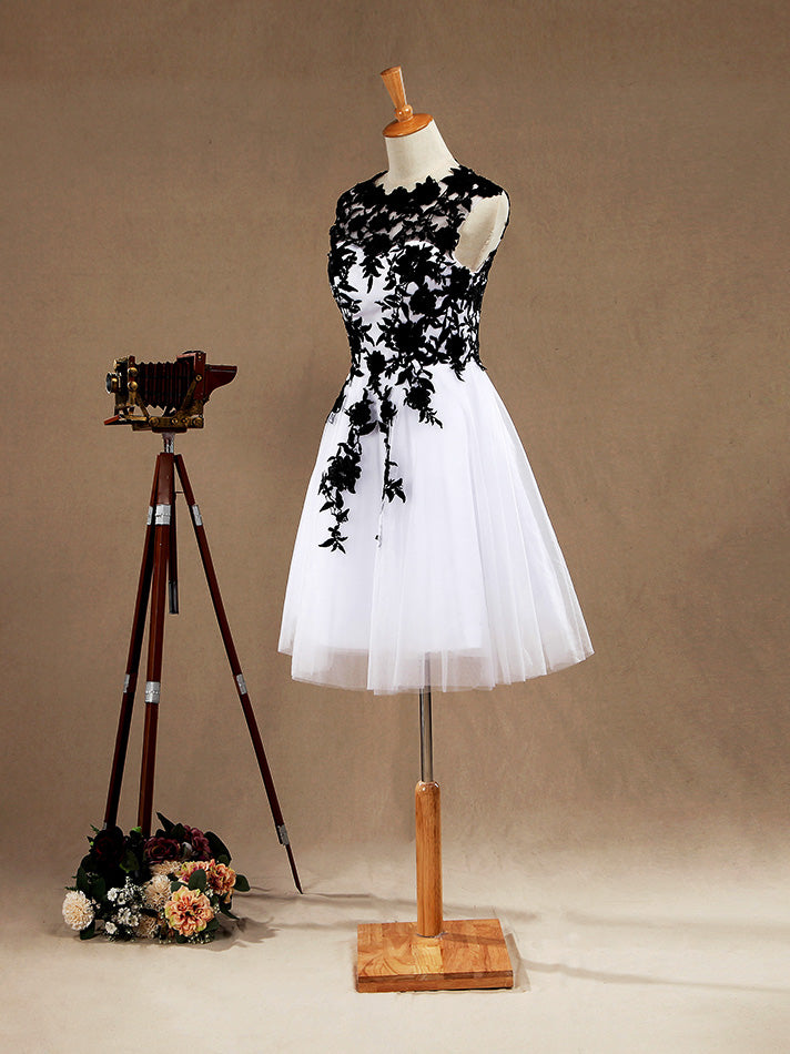 Knee Length A-Line Tulle Jewel Neck Prom Part Dress with Appliques dressblee Knee Length A-Line Tulle Jewel Neck Prom Part Dress with Appliques dressblee