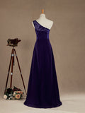 Sheath / Column One Shoulder Floor Length Chiffon match Lace Bridesmaid Dress with Side Draping