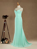 Mermaid / Trumpet Spaghetti Straps Floor Length Chiffon Bridesmaid Dress with Brush Train