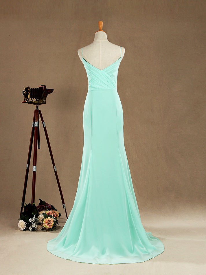 Mermaid / Trumpet Spaghetti Straps Floor Length Chiffon Bridesmaid Dress with Brush Train