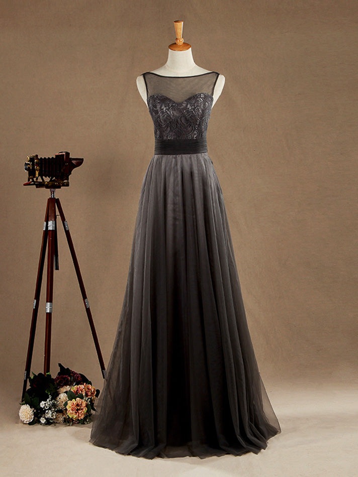 Floor Length A-line Lace Tulle Bridesmaid Dress Bateau Neck with Belt