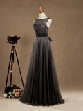 Floor Length A-line Lace Tulle Bridesmaid Dress Bateau Neck with Belt
