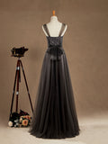 Floor Length A-line Lace Tulle Bridesmaid Dress Bateau Neck with Belt