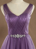 A-Line V-neck Floor Length Tulle Bridesmaid Dress