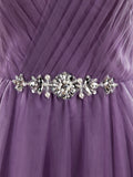 A-Line V-neck Floor Length Tulle Bridesmaid Dress