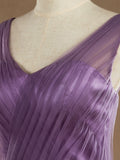 A-Line V-neck Floor Length Tulle Bridesmaid Dress