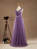 A-Line V-neck Floor Length Tulle Bridesmaid Dress