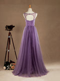 A-Line V-neck Floor Length Tulle Bridesmaid Dress